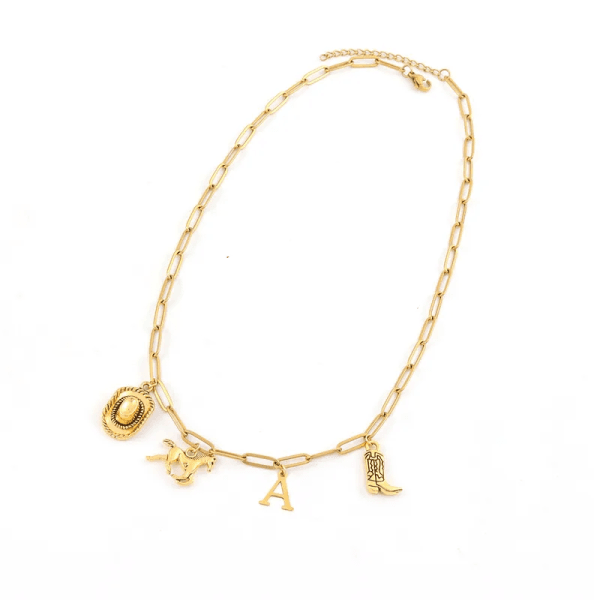 COLLAR  CON CHARMS "WESTERN" E INICIAL "A" EN ACERO INOXIDABLE