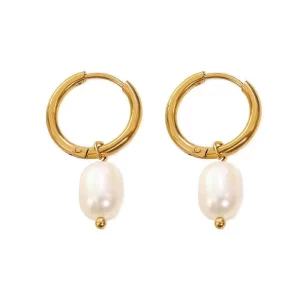 Alternative view of ARRACADAS CON PERLA NATURAL COLGANTE EN ACERO INOXIDABLE Y CHAPADO EN ORO DE 18K