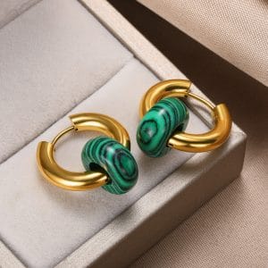 ARRACADAS CON MALAQUITA (PIEDRA NATURAL) EN ACERO INOXIDABLE Y CHAPADO EN ORO DE 18K