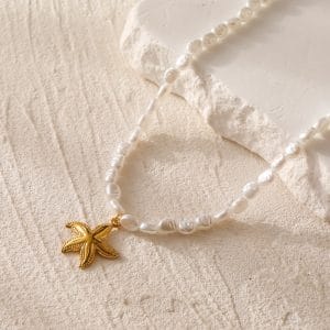COLLAR DE PERLAS Y DIJE DE ESTRELLA DE MAR EN ACERO INOXIDABLE