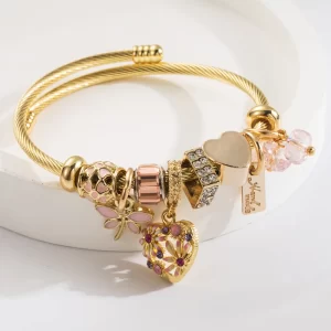 Alternative view of Pulsera "Corazón de Pandora" Rosa en Acero Inoxidable y Chapado en Oro de 14K