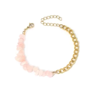 BRAZALETE “GRAVA”CON CUARZO ROSA(PIEDRA NATURAL) EN ACERO NATURAL Y CHAPA DE ORO DE 18K