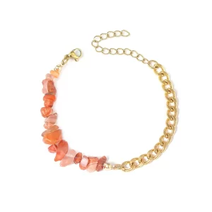 BRAZALETE “GRAVA”CON CUARZO NARANJA(PIEDRA NATURAL) EN ACERO NATURAL Y CHAPA DE ORO DE 18K
