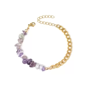 BRAZALETE "GRAVA" CON AMATISTA(PIEDRA NATURAL) EN ACERO NATURAL Y CHAPA DE ORO DE 18K