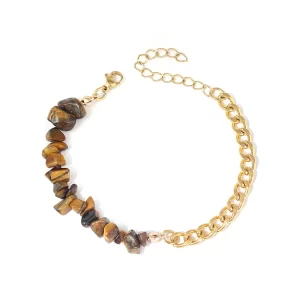 Brazalete "Grava"con Ojo de Tigre (Piedra Natural) en Acero Natural y Chapa de Oro de 18K