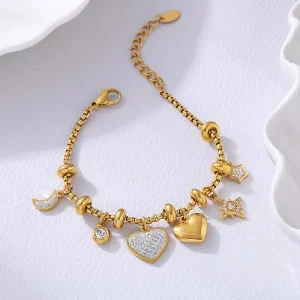 BRAZALETE "CHARMS" CON RHINESTONES EN ACERO INOXIDABLE Y CHAPADO EN ORO DE 18K