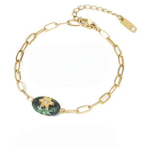 PULSERA "XVII" CON AVENTURINA (PIEDRA NATURAL) EN ACERO INOXIDABLE Y CHAPADO EN ORO DE 14KK