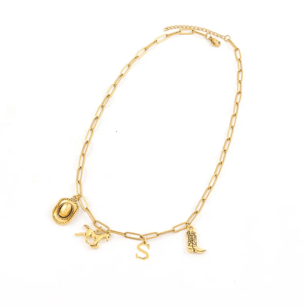 COLLAR  CON CHARMS "WESTERN" E INICIAL "S" EN ACERO INOXIDABLE