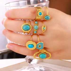 Alternative view of Anillo "Trío Turquesa" en Acero Inoxidable y Chapado en Oro