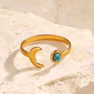Anillo "Luna Azul"con Turquesa(Piedra Natural) en Acero Inoxidable y Chapado en Oro de 18K