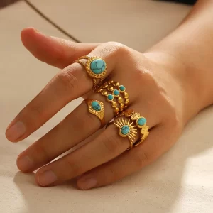 Alternative view of Anillo "Bubbles" con Turquesa (Piedra Natural) en Acero Inoxidable y Chapado en Oro de 18K