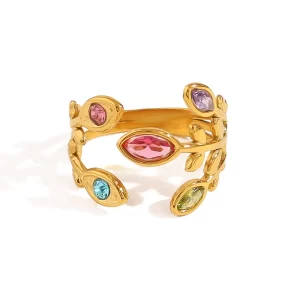 Alternative view of Anillo "Primavera" con Zirconias en Acero Inoxidable y Chapado en Oro de 18K