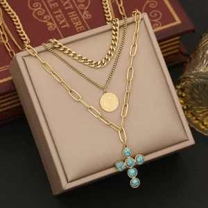 Collar "Bizancio" con Turquesa en Acero Inoxidable y Chapado en Oro de 18K