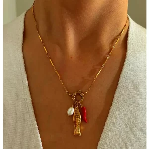 Collar "Pesca"con Perla Natural en Acero Inoxidable y Chapado en Oro de 18K