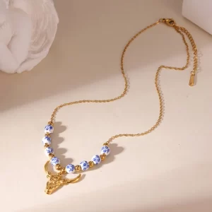 Collar "Dallas" con Cuentas de Porcelana en Acero Inoxidable y Chapado en Oro de 18K