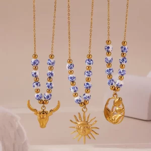 Alternative view of Collar "Dallas" con Cuentas de Porcelana en Acero Inoxidable y Chapado en Oro de 18K