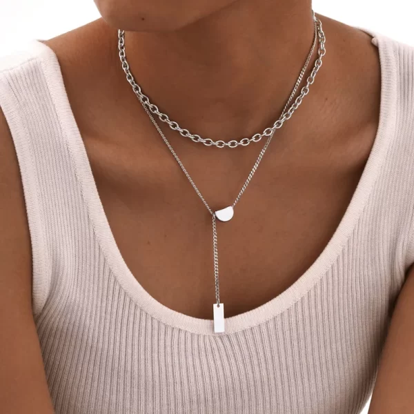 Collar  de Cadena Doble "Harley" de Acero Inoxidable en Color Plata - Imagen 2