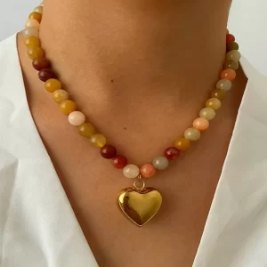 COLLAR "DESSERT HEART" CON PIEDRAS NATURALES Y ACERO INOXIDABLE. CHAPADO EN ORO DE 18K.