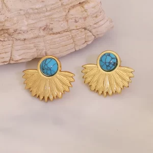 Aretes "Cusco"con Turquesa (Piedra Natural) en Acero Inoxidable y Chapado en Oro de 18K