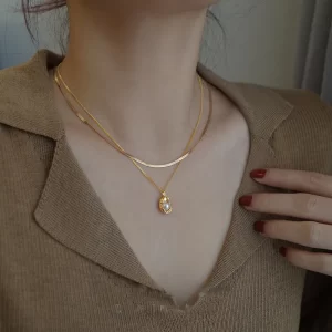 Collar de Doble Cadena con Colgante de Perla en Acero Inoxidable de Titanio