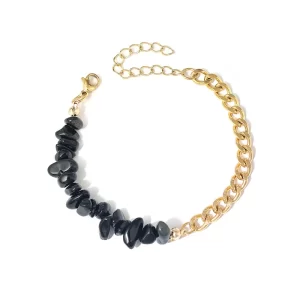 Brazalete "Grava" con Ágata Negra (Piedra Natural) en Acero Inoxidable y Chapado en Oro de 18K