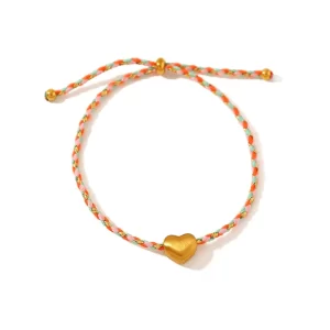Pulsera de Hilo con Dije de Corazón en Acero Inoxidable y Chapado en Oro de 18K
