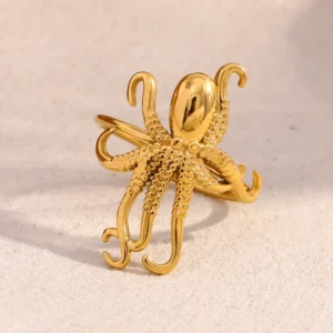 Anillo"Octupus"en Acero Inoxidable y Chapado en Oro de18K