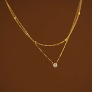 Alternative view of Collar de Doble Cadena con Solitario de Zirconia en Acero Inoxidable y Chapado en Oro de 18K