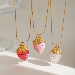 Alternative view of Collar "Pink Strawberry"con Zirconias de Acero Inoxidable y Chado en Oro de 18K
