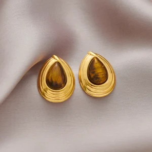 Aretes "Golden Drop" con Ojo de Tigre (Piedra Natural) en Acero Inoxidable de Titanio