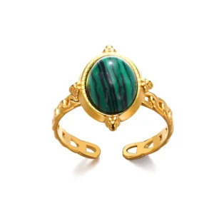 Anillo "Medallón" de Malaquita (Piedra Natural) en Acero Inoxidable y Chapado en Oro de 18K