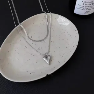 Collar de Cadena Doble "Heart" en Acero Inoxidable Plateado