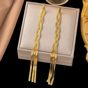 Alternative view of Aretes "Long Braid" en Acero Inoxidable Dorado