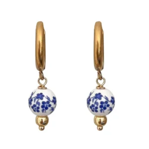 Aretes "Chinoiserie" con cuentas de Porcelana en Acero Inoxidable y Chapado en Oro de 18K