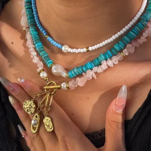 Alternative view of Collar "Pink Aura"con Cuarzo Rosa (Piedra Natural) de Acero Inoxidable