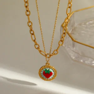 Collar de Doble Cadena "Strawberry Dream" en Acero Inoxidable y Chapado en Oro de 18K