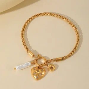 Pulsera "Jewelled Heart"en Acero Inoxidable y Chapado en Oro de 18K