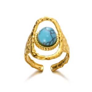 Anillo "Saturn"con Turquesa en Acero Inoxidable y Chapado en Oro de 18K
