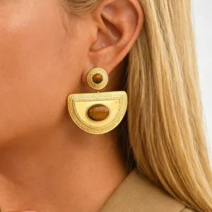 Aretes "Nefertiti"con Ojo de Tigre (Piedra Natural)en Acero Inoxidable y Chapado en Oro de 18K