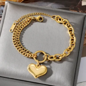 Pulsera con Dos Tipos Diferentes de Cadena y Colgante de Corazón de Acero Inoxidable de Titanio