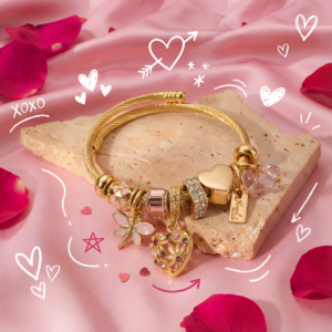 Alternative view of Pulsera "Corazón de Pandora" Rosa en Acero Inoxidable y Chapado en Oro de 14K