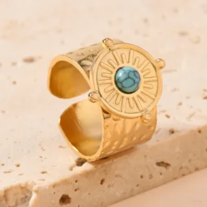 Anillo "Aztec Sun" en Acero Inoxidable y Chapado en Oro de 18K