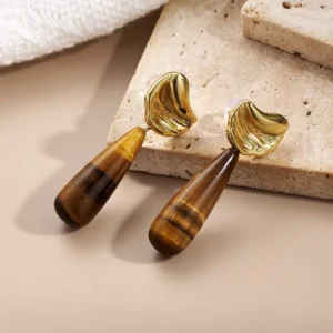 Aretes de Gota de Ojo de Tigre (Piedra Natural) en Plata 925 y Chapado en Oro de 18K