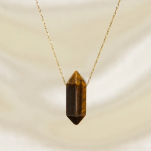 Collar "Péndulo"con Ojo de Tigre(Piedra Natural)en Acero Inoxidable y Chapado en Oro de 18K