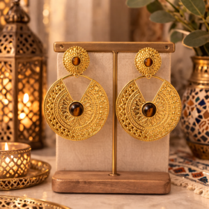 Alternative view of Aretes "Marrakesh" con Ojo de Tigre (Piedra Natural) en Acero Inoxidable y Chapados en Oro de 18K