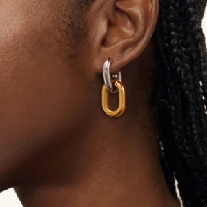 Alternative view of Aretes "Double Chain Bicolor" en Acero Inoxidable y Chapado en Oro de 18K
