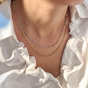Collar de Cadena Doble Mix Metal "Ondas"en Acero Inoxidable y Chapado en Oro de 18K