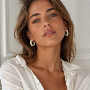 Arracadas Francesas con Enamel Blanco en Acero Inoxidable y Chapado en Oro de 18K