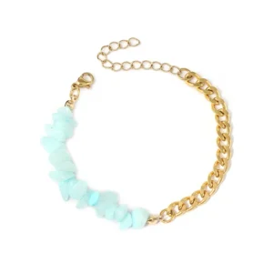 BRAZALETE “GRAVA”CON PIEDRA NATURAL EN ACERO INOXIDABLE Y CHAPA DE ORO DE 18K