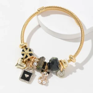 Brazalete con Charms "Girl" en Negro de Acero Inoxidable Dorado